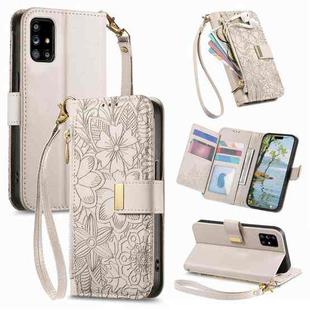 For Samsung Galaxy A71 Flowers Leaves Zipper Wallet Leather Phone Case with Strap(Khaki)