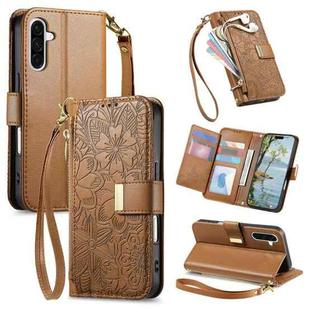 For Samsung Galaxy A35 5G Flowers Leaves Zipper Wallet Leather Phone Case with Strap(Brown)