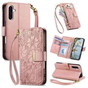 For Samsung Galaxy A35 5G Flowers Leaves Zipper Wallet Leather Phone Case with Strap(Pink)