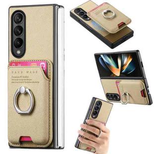 For Samsung Galaxy Z Fold4 5G Twill Fabric Card Bag Ring Magnetic Back Phone Case(Khaki)
