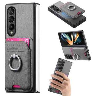 For Samsung Galaxy Z Fold4 5G Twill Fabric Card Bag Ring Magnetic Back Phone Case(Gray)