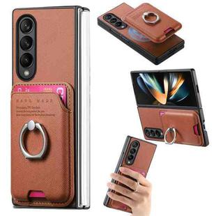 For Samsung Galaxy Z Fold4 5G Twill Fabric Card Bag Ring Magnetic Back Phone Case(Brown)