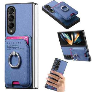 For Samsung Galaxy Z Fold4 5G Twill Fabric Card Bag Ring Magnetic Back Phone Case(Blue)