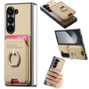 For Samsung Galaxy Z Fold5 5G Twill Fabric Card Bag Ring Magnetic Back Phone Case(Khaki)
