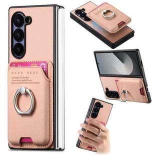 For Samsung Galaxy Z Fold5 5G Twill Fabric Card Bag Ring Magnetic Back Phone Case(Pink)