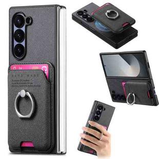 For Samsung Galaxy Z Fold6 5G Twill Fabric Card Bag Ring Magnetic Back Phone Case(Black)