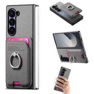 For Samsung Galaxy Z Fold6 5G Twill Fabric Card Bag Ring Magnetic Back Phone Case(Gray)