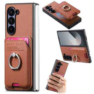 For Samsung Galaxy Z Fold6 5G Twill Fabric Card Bag Ring Magnetic Back Phone Case(Brown)