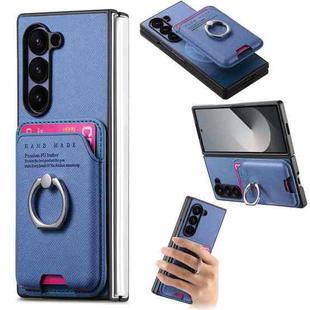 For Samsung Galaxy Z Fold6 5G Twill Fabric Card Bag Ring Magnetic Back Phone Case(Blue)