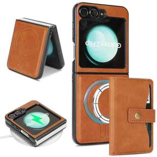 For Samsung Galaxy Z Flip6 Kalebol Magnetic Button Card Bag MagSafe Ring Leather Phone Case(Brown)
