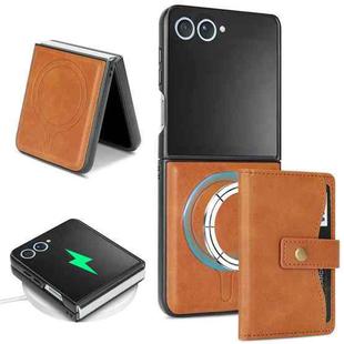 For Samsung Galaxy Z Flip7 Kalebol Magnetic Button Card Bag MagSafe Ring Leather Phone Case(Brown)