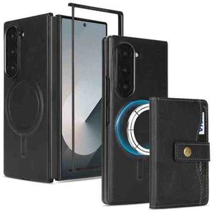 For Samsung Galaxy Z Fold6 Kalebol Magnetic Button Card Bag MagSafe Ring Leather Phone Case(Black)