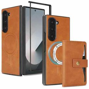 For Samsung Galaxy Z Fold6 Kalebol Magnetic Button Card Bag MagSafe Ring Leather Phone Case(Brown)