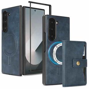 For Samsung Galaxy Z Fold6 Kalebol Magnetic Button Card Bag MagSafe Ring Leather Phone Case(Blue)