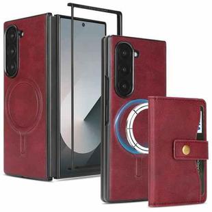 For Samsung Galaxy Z Fold7 Kalebol Magnetic Button Card Bag MagSafe Ring Leather Phone Case(Red)