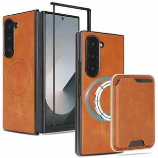 For Samsung Galaxy Z Fold6 Kalebol Slim MagSafe Ring Magnetic Card Bag Leather Phone Case(Brown)