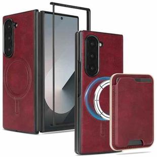 For Samsung Galaxy Z Fold6 Kalebol Slim MagSafe Ring Magnetic Card Bag Leather Phone Case(Red)