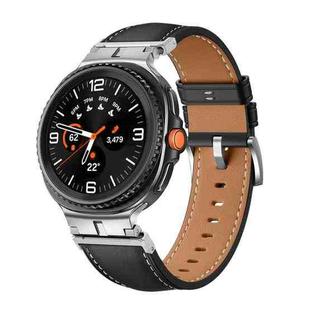 For Samsung Galaxy Watch 8 40mm / 44mm Metal Head Connector Genuine Leather Watch Band(Black Silver)