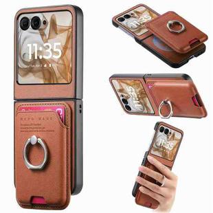 For Motorola Moto Razr 50 / 60 Twill Fabric Card Bag Ring Magnetic Back Phone Case(Brown)