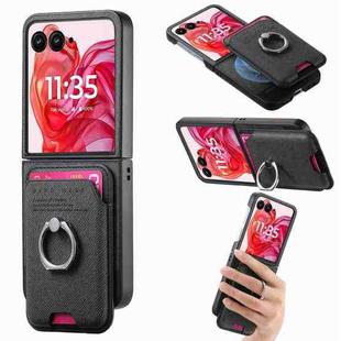 For Motorola Moto Razr 50 Ultra Twill Fabric Card Bag Ring Magnetic Back Phone Case(Black)