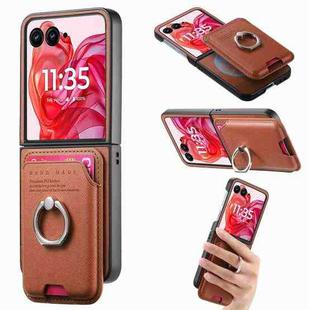 For Motorola Moto Razr 50 Ultra Twill Fabric Card Bag Ring Magnetic Back Phone Case(Brown)