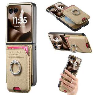 For Motorola Moto Razr 60 Ultra Twill Fabric Card Bag Ring Magnetic Back Phone Case(Khaki)