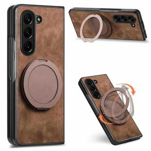 For Samsung Galaxy Z Fold7 Retro Leather Rotation Round Holder Phone Case(Brown)
