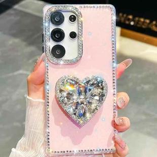 For Samsung Galaxy S25 Ultra 5G Diamond Glitter Gemstone Heart Holder Phone Case(Light Pink)
