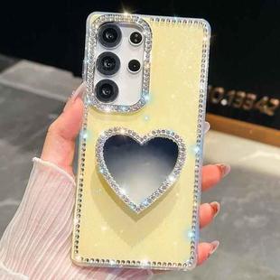For Samsung Galaxy S25 Ultra 5G Diamond Glitter Mirror Heart Holder Phone Case(Light Yellow)