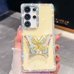 For Samsung Galaxy S25 Ultra 5G Diamond Glitter Butterfly Holder Phone Case(Light Yellow)