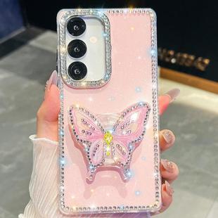 For Samsung Galaxy A35 5G Diamond Glitter Butterfly Holder Phone Case(Light Pink)