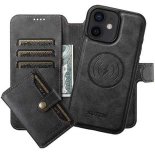 For iPhone 12 Suteni Q05S1 3-in-1 Detachable Wallet MagSafe Leather Phone Case(Black)