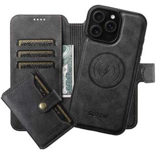 For iPhone 12 Pro Max Suteni Q05S1 3-in-1 Detachable Wallet MagSafe Leather Phone Case(Black)