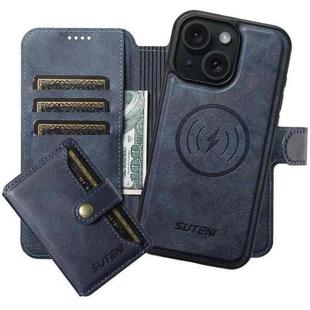 For iPhone 15 Plus Suteni Q05S1 3-in-1 Detachable Wallet MagSafe Leather Phone Case(Blue)