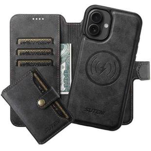 For iPhone 16 Suteni Q05S1 3-in-1 Detachable Wallet MagSafe Leather Phone Case(Black)