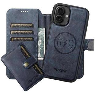 For iPhone 16 Suteni Q05S1 3-in-1 Detachable Wallet MagSafe Leather Phone Case(Blue)