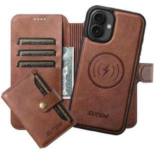 For iPhone 16 Plus Suteni Q05S1 3-in-1 Detachable Wallet MagSafe Leather Phone Case(Brown)