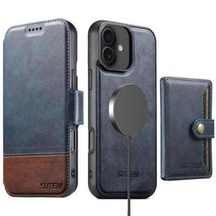 For iPhone 16 Suteni Q06S1 3-in-1 Splicing Detachable Wallet MagSafe Leather Phone Case(Blue)