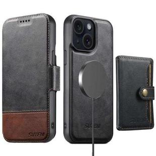 For iPhone 15 Plus Suteni Q06S1 3-in-1 Splicing Detachable Wallet MagSafe Leather Phone Case(Black)