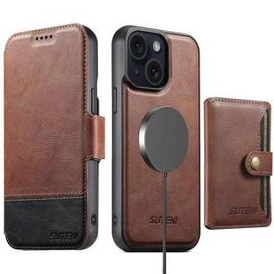 For iPhone 15 Plus Suteni Q06S1 3-in-1 Splicing Detachable Wallet MagSafe Leather Phone Case(Brown)