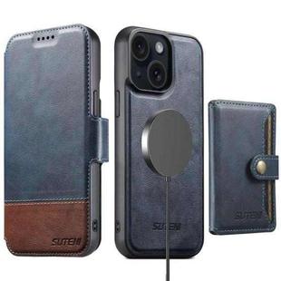 For iPhone 15 Plus Suteni Q06S1 3-in-1 Splicing Detachable Wallet MagSafe Leather Phone Case(Blue)