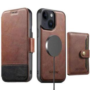 For iPhone 14 Suteni Q06S1 3-in-1 Splicing Detachable Wallet MagSafe Leather Phone Case(Brown)