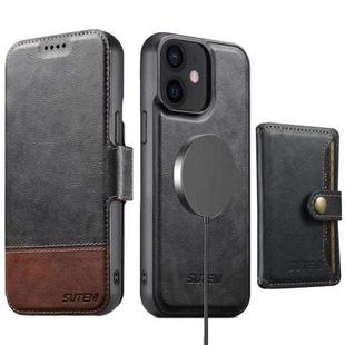 For iPhone 12 Suteni Q06S1 3-in-1 Splicing Detachable Wallet MagSafe Leather Phone Case(Black)