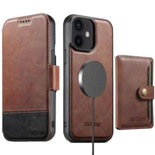 For iPhone 12 Suteni Q06S1 3-in-1 Splicing Detachable Wallet MagSafe Leather Phone Case(Brown)