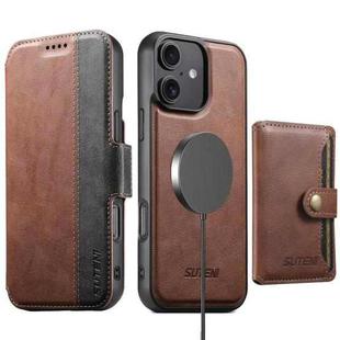 For iPhone 16 Suteni Q07S1 3-in-1 Detachable Wallet MagSafe Splicing Leather Phone Case(Brown)