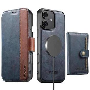 For iPhone 16 Suteni Q07S1 3-in-1 Detachable Wallet MagSafe Splicing Leather Phone Case(Blue)