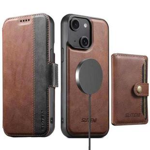 For iPhone 15 Plus Suteni Q07S1 3-in-1 Detachable Wallet MagSafe Splicing Leather Phone Case(Brown)