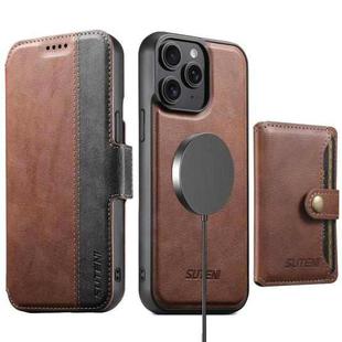 For iPhone 13 Pro Suteni Q07S1 3-in-1 Detachable Wallet MagSafe Splicing Leather Phone Case(Brown)