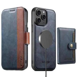 For iPhone 12 Pro Max Suteni Q07S1 3-in-1 Detachable Wallet MagSafe Splicing Leather Phone Case(Blue)