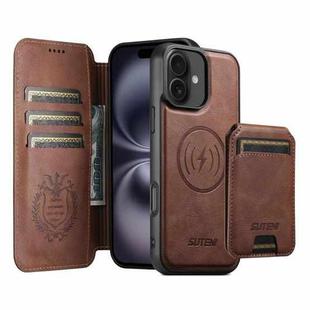 For iPhone 16 Suteni Q05S2 3-in-1 Detachable Vertical Flip Wallet MagSafe Leather Phone Case(Brown)
